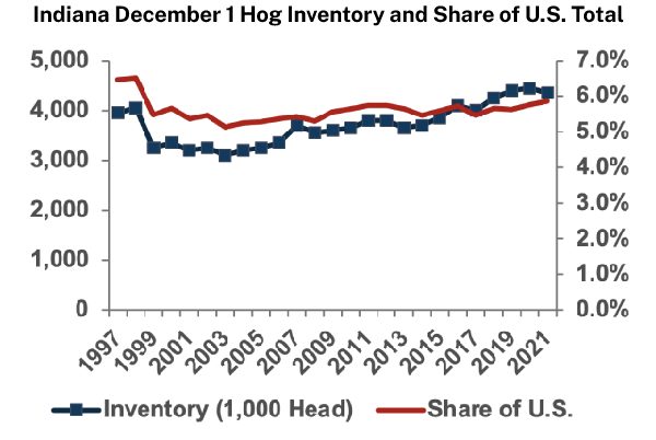IN December 1 Hog Inventory and Share of U.S. Total