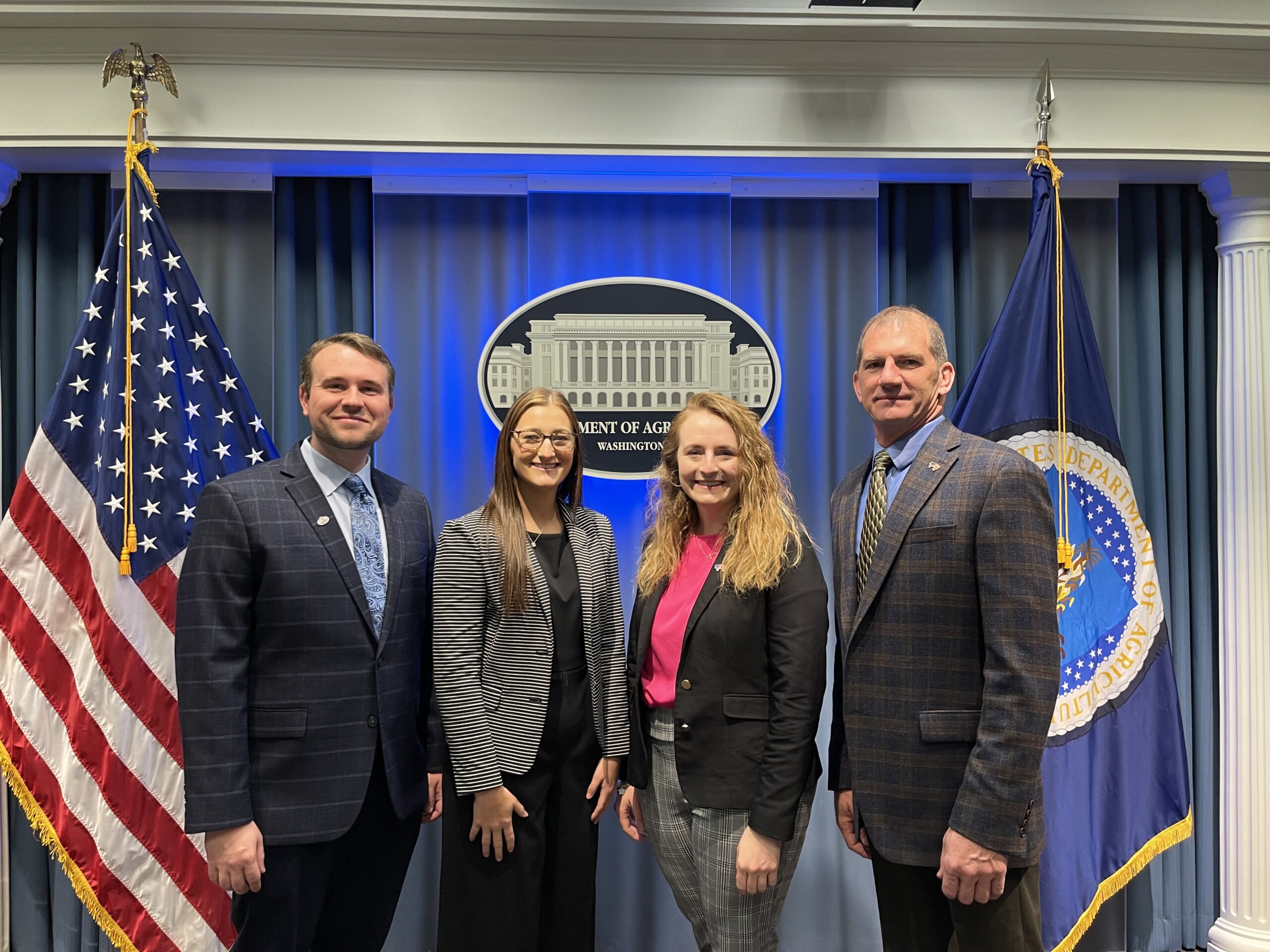 Left to right: NPPC’s Regional Director of Producer Services, Josh Scramlin, Communications Intern, Grace Howe, Manager of Marketing and Digital Communications, Mikayla Dolch, and President and pork producer from Missouri, Scott Hays, at USDA.