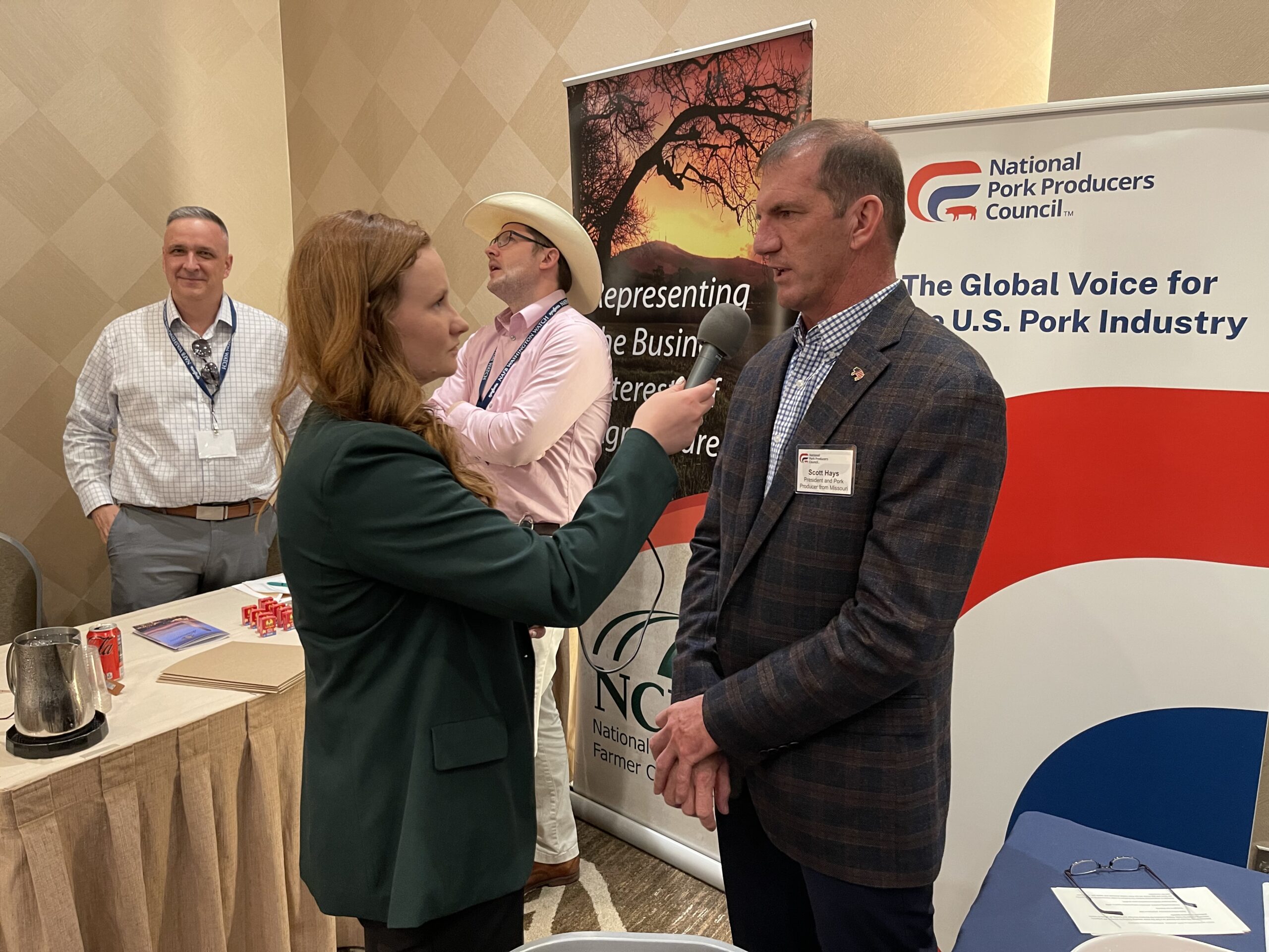 Lydia Johnson, with Agri-Pulse Communications, interviewing NPPC President and pork producer from Missouri, Scott Hays, at NAFB Washington Watch’s Issues Forum.