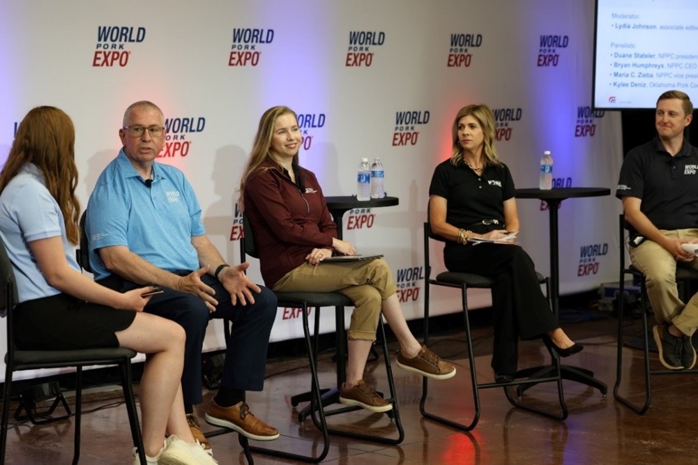Agri-Pulse’s Lydia Johnson; NPPC President and Ohio pork producer Duane Stateler; Maria C. Zieba, vice president of government affairs; Kylee Deniz, Oklahoma Pork Council executive director; and CEO Bryan Humphreys at NPPC’s media briefing.