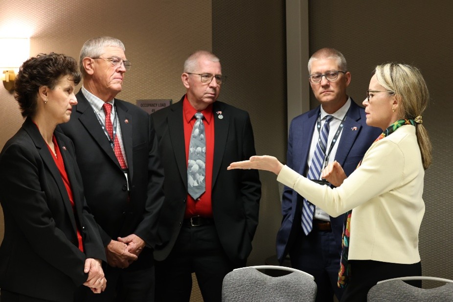 USTR Chief Agricultural Negotiator Julie Callahan (far right) discusses U.S. pork trade priorities with the 2025–2026 NPPC officer team.