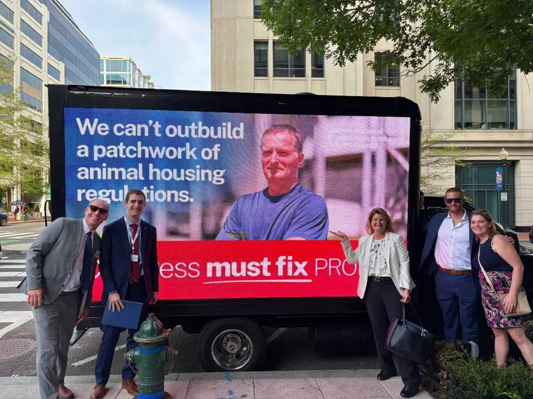Michigan pork producers in front of the “Fix Prop. 12” mobile billboard, which traveled around Capitol Hill throughout the week and features multiple producer testimonials advocating for a Prop. 12 fix.