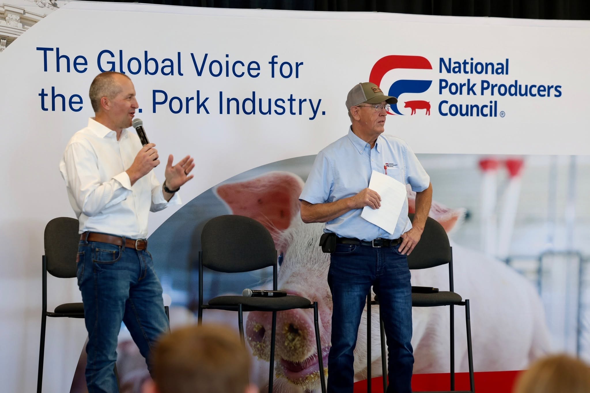 Iowa Secretary of Agriculture Mike Naig (left) and NPPC President and Iowa pork producer Rob Brenneman field questions on animal health.